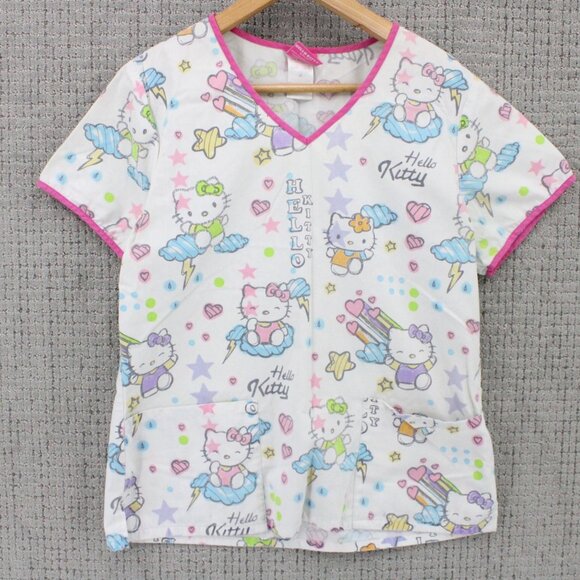 Hello Kitty Scrub Top Womens Medium M Pink All Over Print V Neck Medical Y2k - Picture 1 of 9